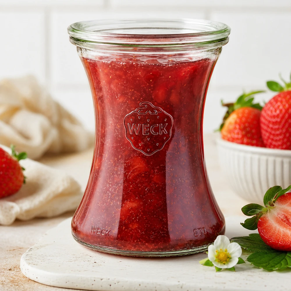 Bocal en verre de 370 ml avec couvercle en verre WECK RR80 WECK Pot de délicatesse 370ml RR80 avec confiture de fraises maison sur une planche en marbre entourée de fraises fraîches