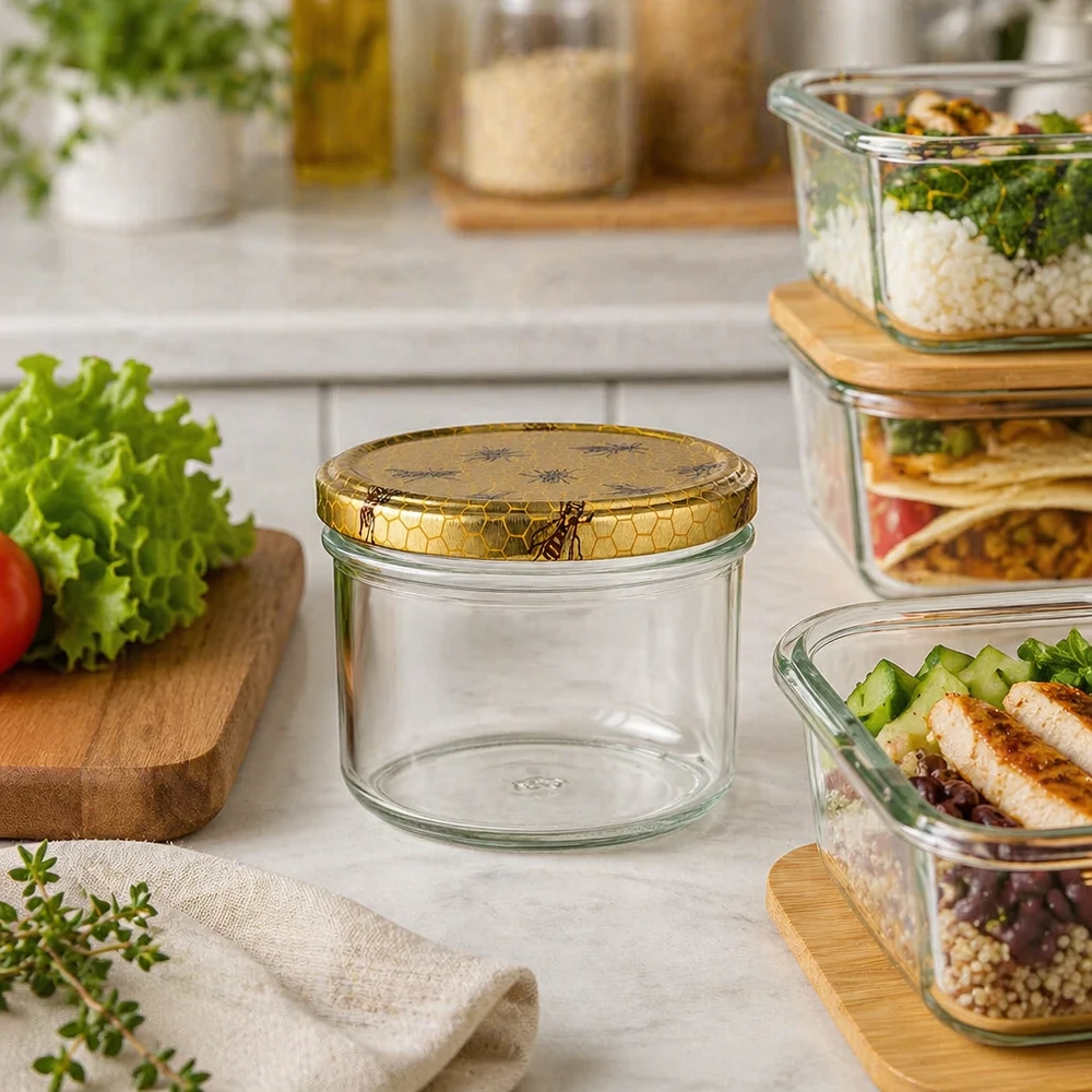 Pot à miel 250 g avec couvercle motif rayon de miel BasicSeal UNiTWIST Pot de miel de 250g avec couvercle en nid d'abeille dans la cuisine moderne à côté des boîtes Meal-Prep et des ingrédients frais
