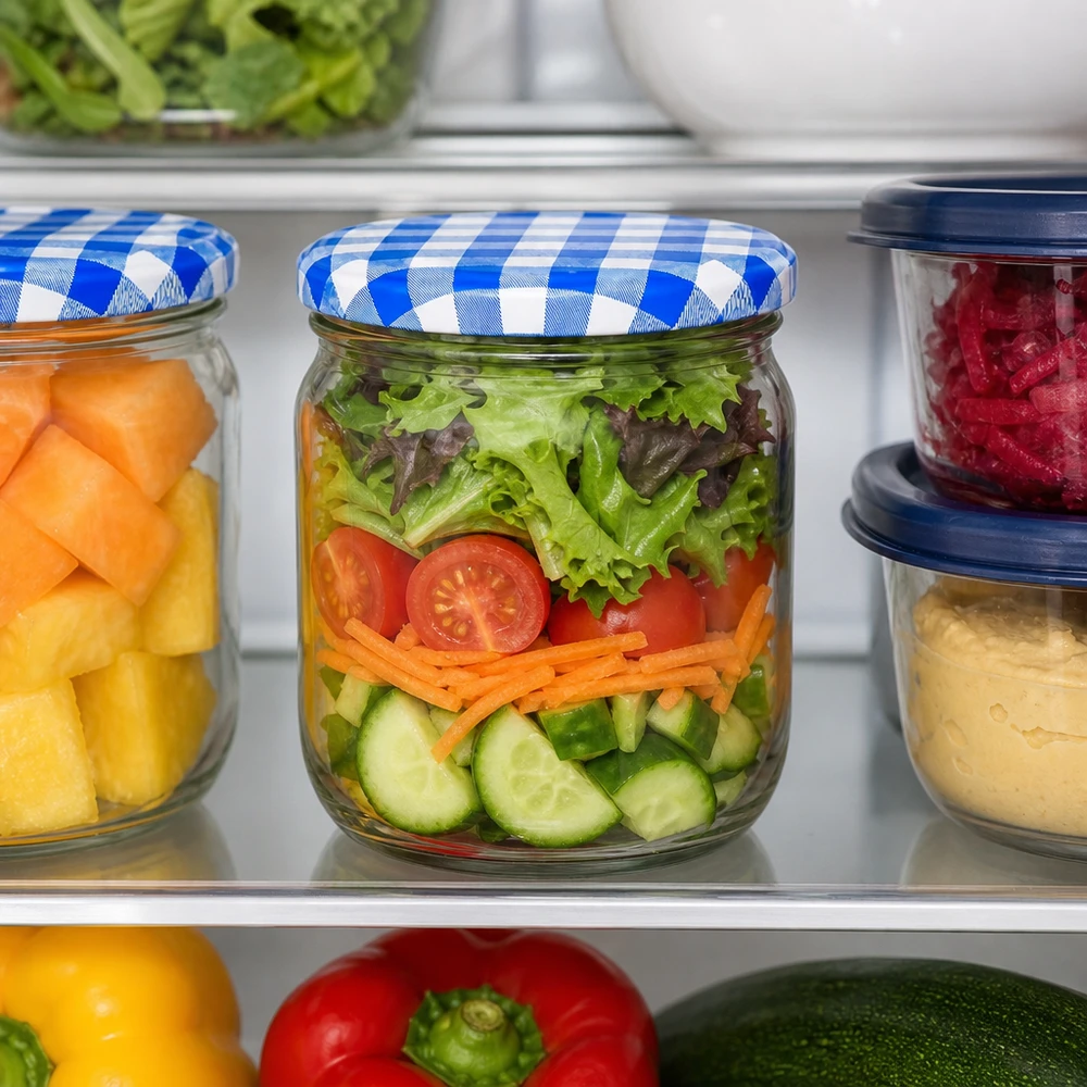 425ml Rundglas für Meal Prep Salat im Kühlschrank zeigt praktische Aufbewahrung mit blau-weißem BasicSeal Deckel