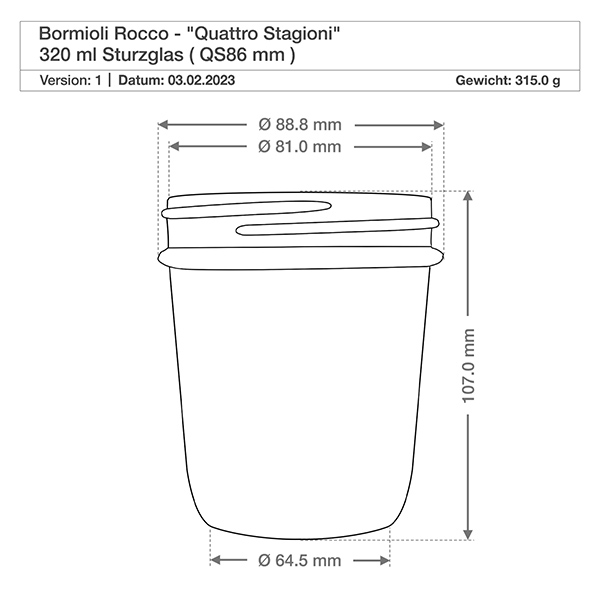 3800ml verre rond « Quattro Stagioni » avec couvercle Dessin technique Bormioli Rocco Quattro Stagioni 320ml pot de conserve avec dimensions et spécifications Détails du produit