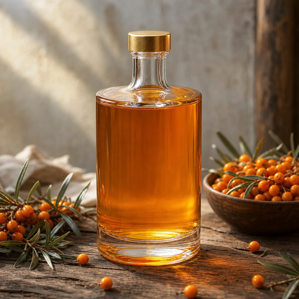 Bouteille en verre 500 ml « Sam » + bouchon à vis doré UNiTWIST® Bouteille en verre de 500ml Sam UNiTWIST bouchon doré rempli d'huile d'argousier table en bois baies d'argousier décoration naturelle