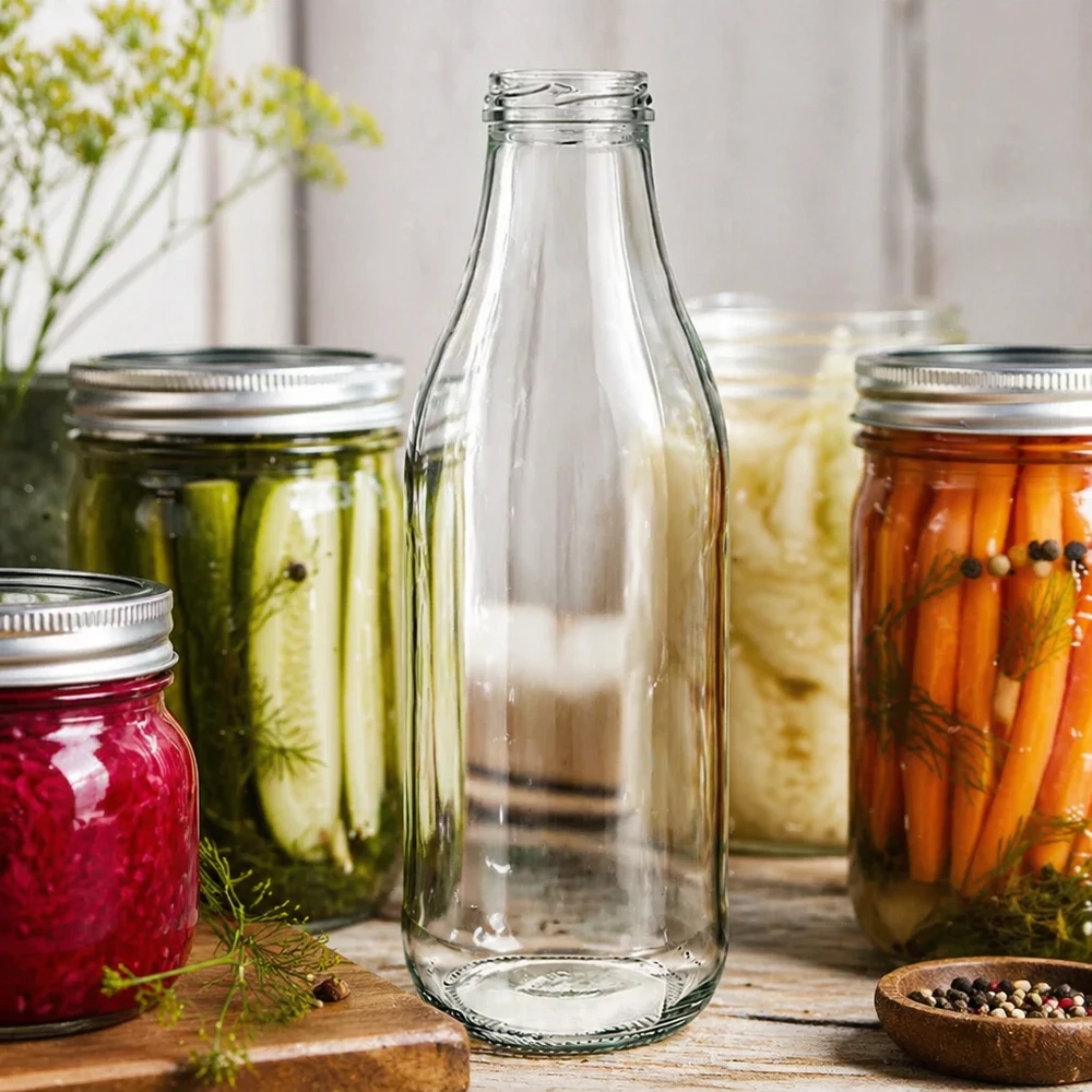 1000ml Bouteille sans bouchon (TO48) UNiTWIST Bouteille en verre 1000ml TO48 UNiTWIST sans couvercle entre des bocaux avec des légumes marinés Scène de cuisine Conservation