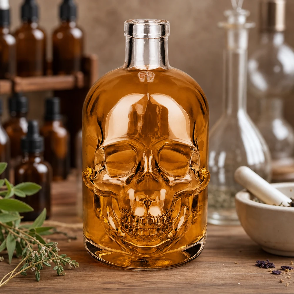 Bouteille en verre 500ml Jack forme tête de mort remplie de miel style apothicaire Décoration étagère de cuisine UNiTWIST sans bouchon