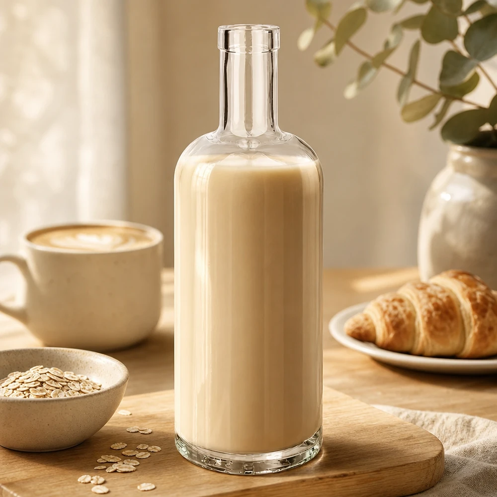 Flacon en verre 750 ml « Emma » sans bouchon UNiTWIST® Bouteille en verre Emma de 750 ml remplie de lait d'avoine beige à côté d'une tasse de café Croissant et flocons d'avoine sur une table en bois