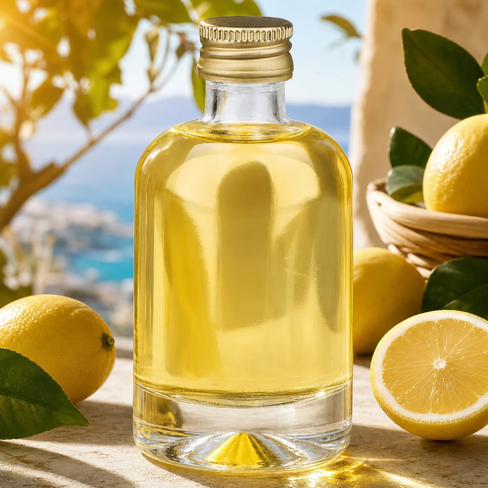 Bouteille en verre Sara de 40ml remplie de contenu jaune entre des citrons - Photo produit avec ambiance méditerranéenne