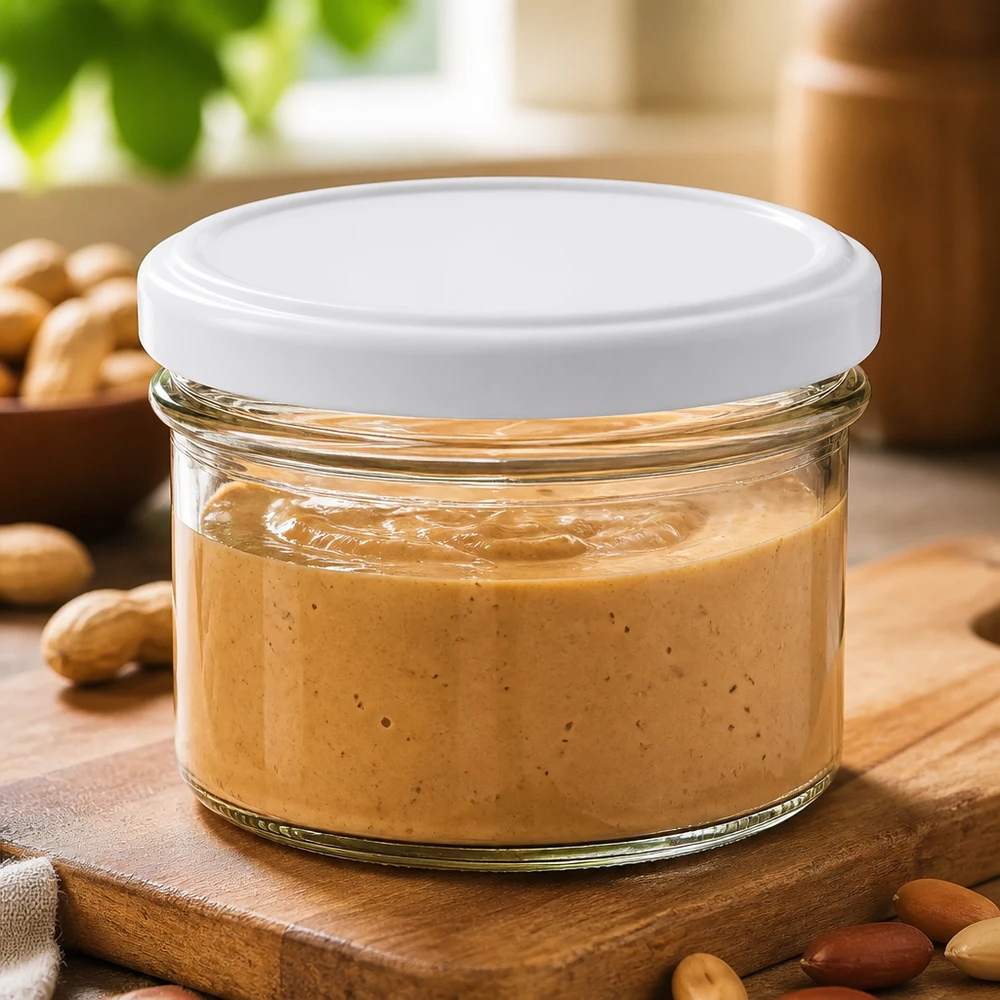 Verre renversé BasicSeal de 225 ml rempli de beurre de noix entouré d'amandes et de noix sur un fond en bois