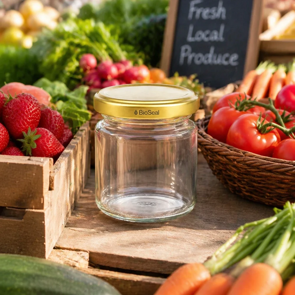 53ml Verre rond avec couvercle BioSeal or UNiTWIST UNiTWIST Runda53 leeres Einmachglas mit goldenem TO43 BioSeal Deckel auf Holzbrett zwischen frischem Marktgemüse