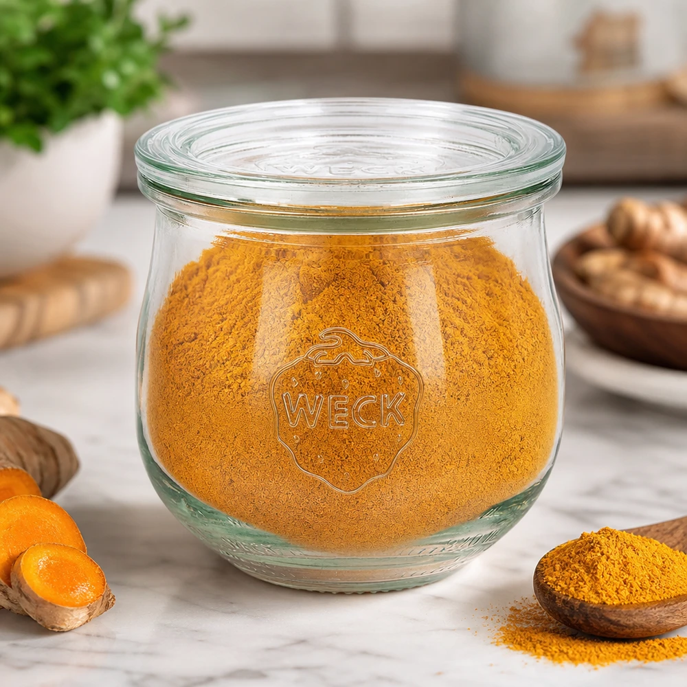 370ml bocal tulipe avec bouchon en verre WECK RR80 WECK Pot tulipe 370ml RR80 rempli de poudre de curcuma dans la cuisine à côté de racines de curcuma et d'épices sur une planche en bois