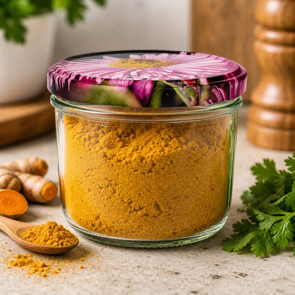 Pot de conserve 230ml rempli de poudre de curcuma, couvercle BasicSeal motif fleuri, scène de cuisine avec gingembre frais et coriandre