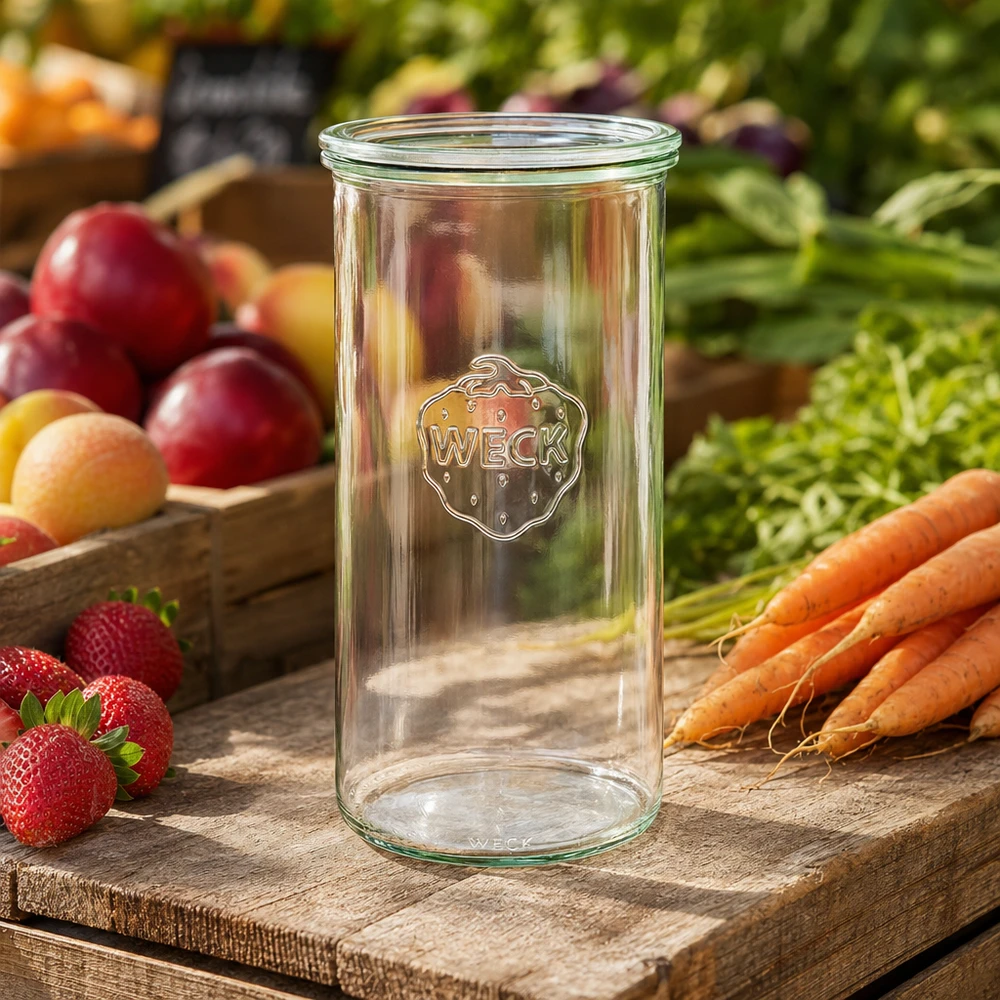 WECK Verre renversé 1500ml RR100 sur planche en bois avec fruits frais légumes fraises carottes décoration naturelle de cuisine