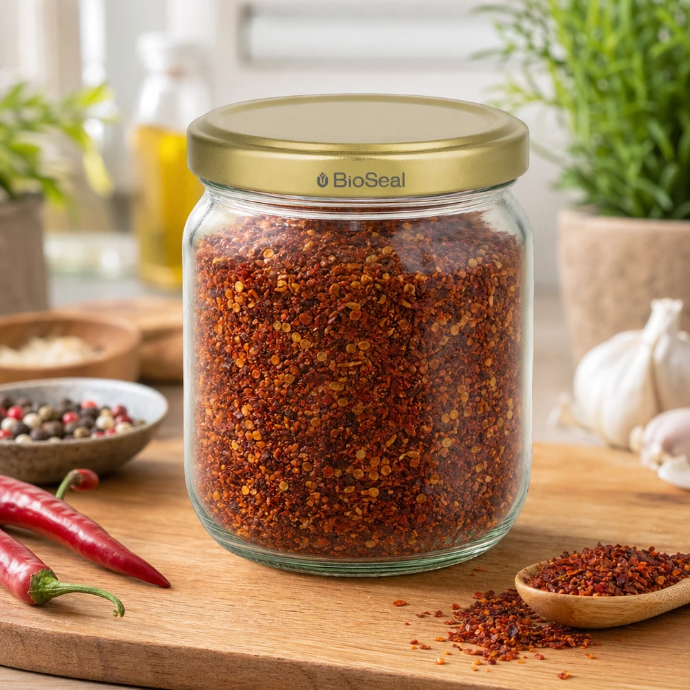 Pot à miel 500 g avec couvercle doré BioSeal UNiTWIST 500g BioSeal pot de miel rempli d'épices rouges sur planche en bois avec chili et ail dans la cuisine