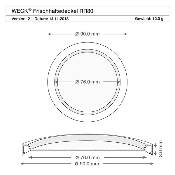 165ml bocal conique avec couvercle fraîcheur WECK RR80 Dessin technique WECK couvercle fraîcheur RR80 avec dimensions 90mm et 76mm de diamètre pour bocal cylindrique de 1040ml