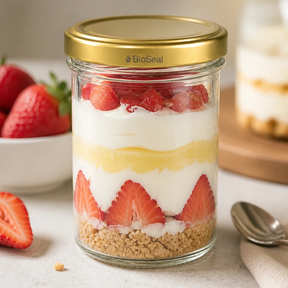 UNiTWIST Sturz230 Verre TO66 BioSeal Couvercle doré rempli de fraises Dessert stratifié Yaourt Fond de biscuit