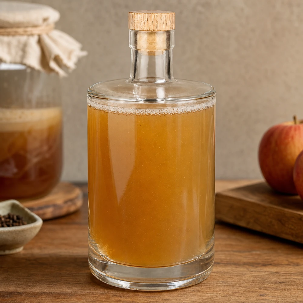 Bouteille en verre 700 ml « Marie » avec bouchon en bois UNiTWIST® 700ml Glasflasche Marie mit Holzkorken gefüllt mit goldbrauner Flüssigkeit in gemütlicher Küche neben Apfel und Gewürzen