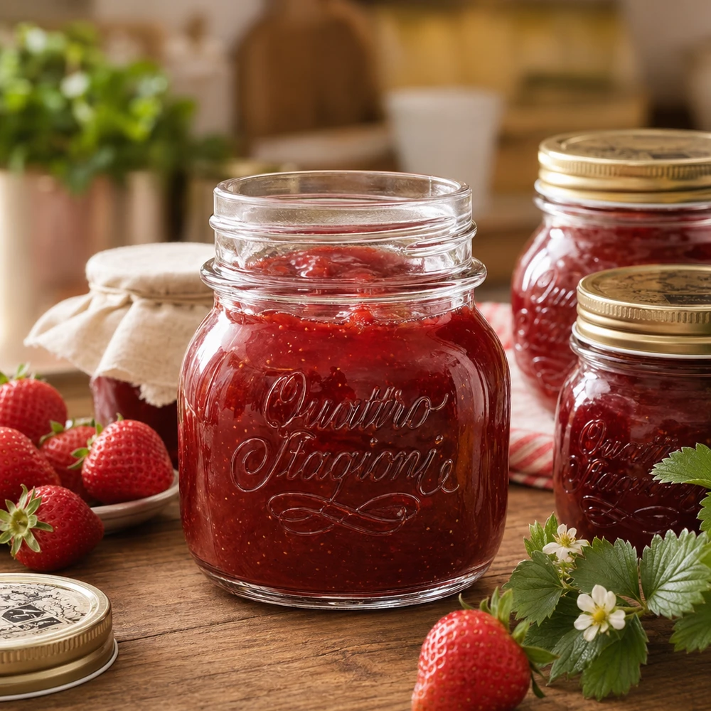 150ml verre rond "Quattro Stagioni" QS56mm Quattro Stagioni 150ml pot ménager rempli de confiture de fraise à côté de fraises fraîches sur table en bois