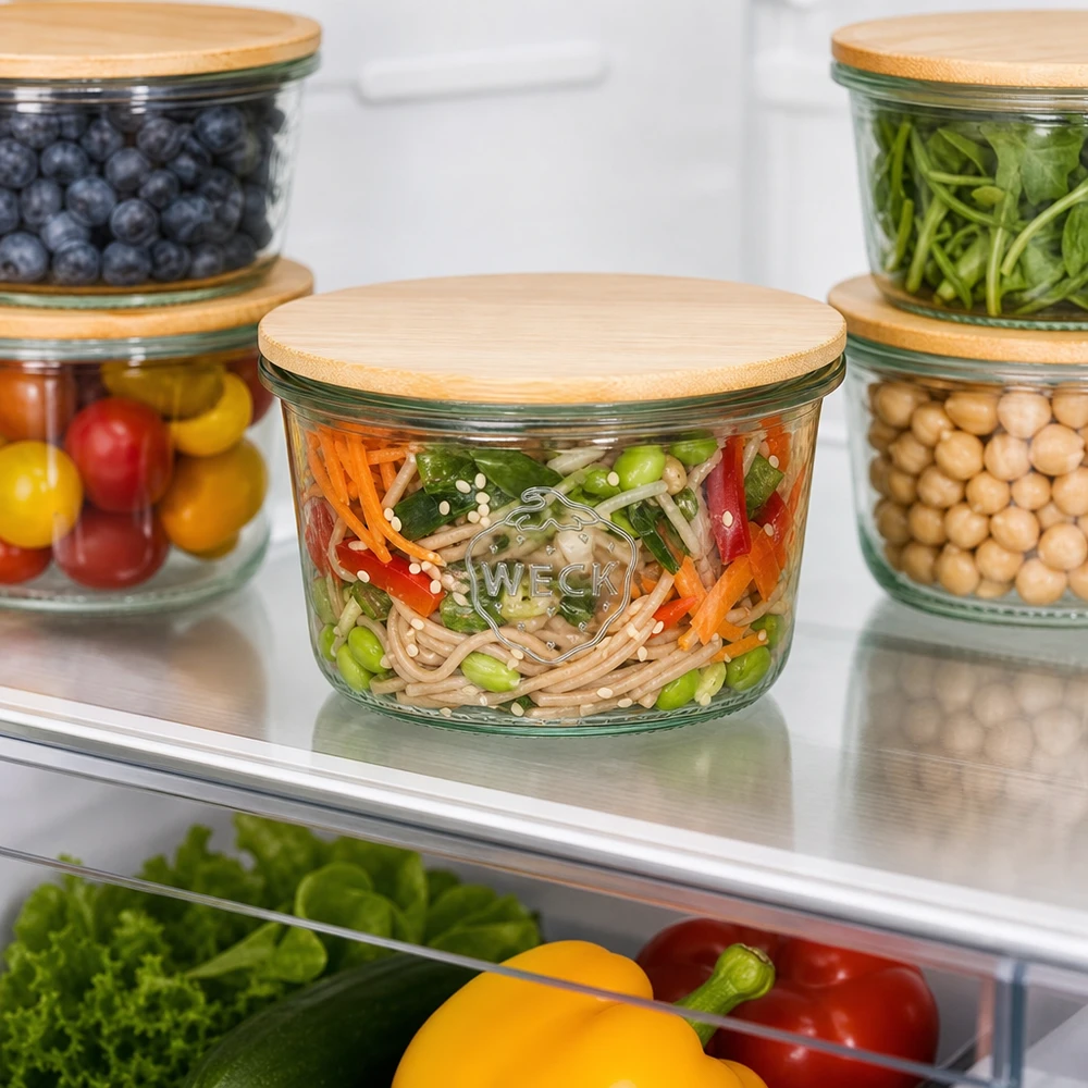 WECK Pot renversé 80ml RR60 avec couvercle en bambou Réfrigérateur Meal Prep Organisation des réserves Conserver les légumes et les pâtes au frais