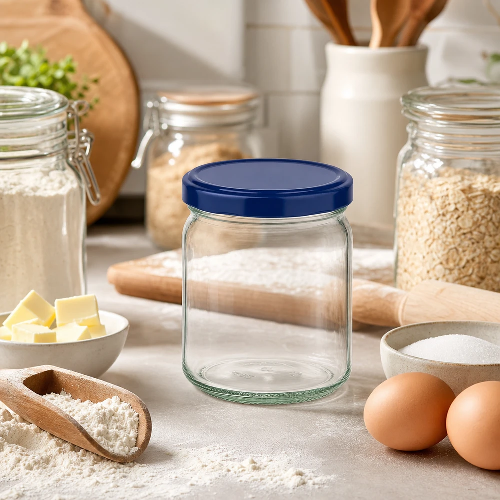 408ml Verre rond avec couvercle BasicSeal bleu UNiTWIST Bocal rond de 408ml avec couvercle bleu BasicSeal dans la cuisine avec des ingrédients pour la pâtisserie - UNiTWIST Bocal de stockage pour la farine et les œufs