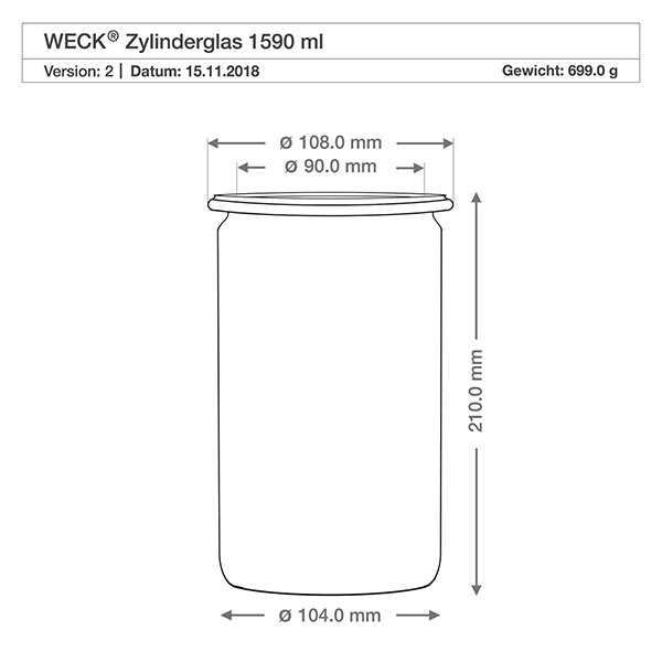 Bocal cylindrique en verre WECK RR100 de 1590 ml Dessin technique WECK pot cylindrique 1590ml RR100 avec cotes et dimensions pour fermeture boule en bois