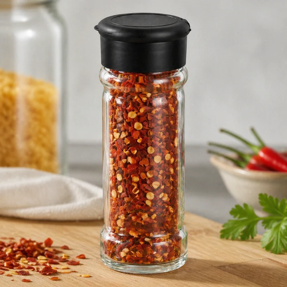 Pot à sel/épices 100 ml avec saupoudreuse, noir Bocal de 100 ml contenant des flocons de piment, muni d'un couvercle saupoudreur noir, posé sur une planche en bois à côté de piments frais