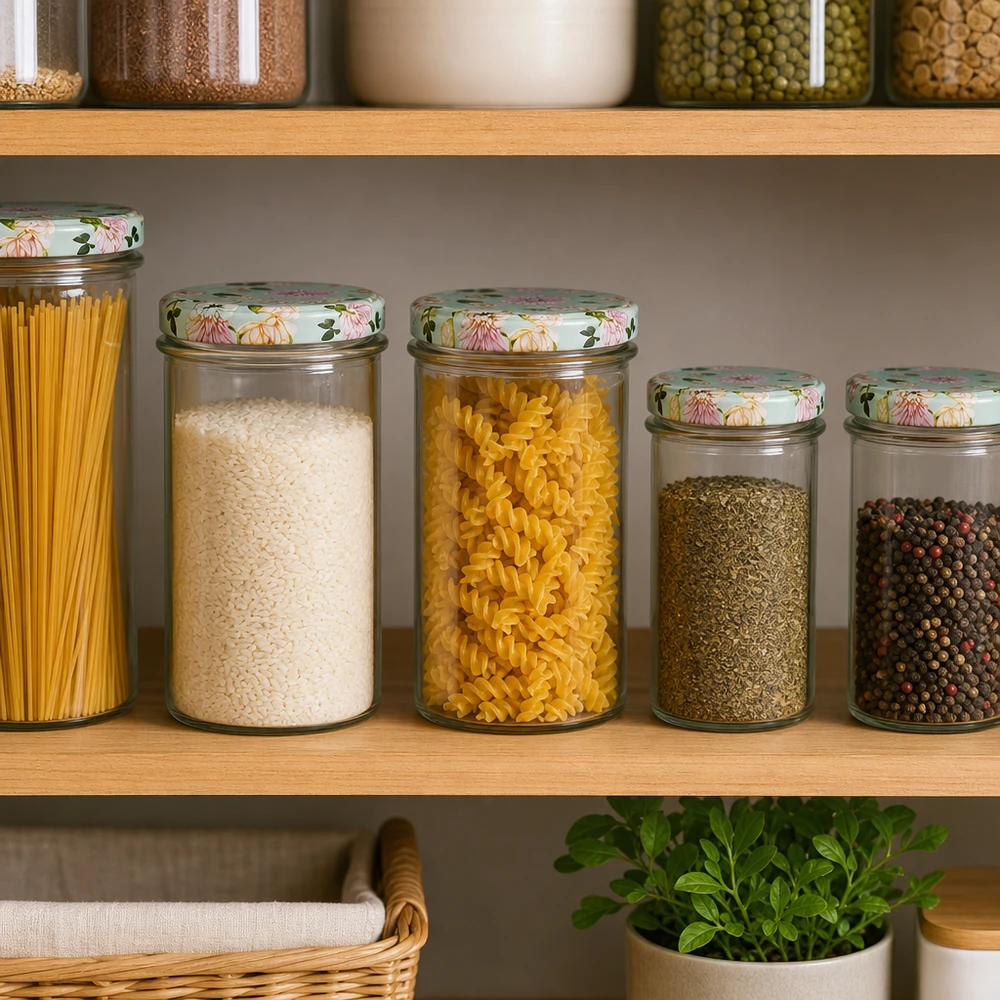 Pot de 350 ml avec couvercle BasicSeal menthe Fleurs dans une cuisine organisée avec pâtes, riz et épices