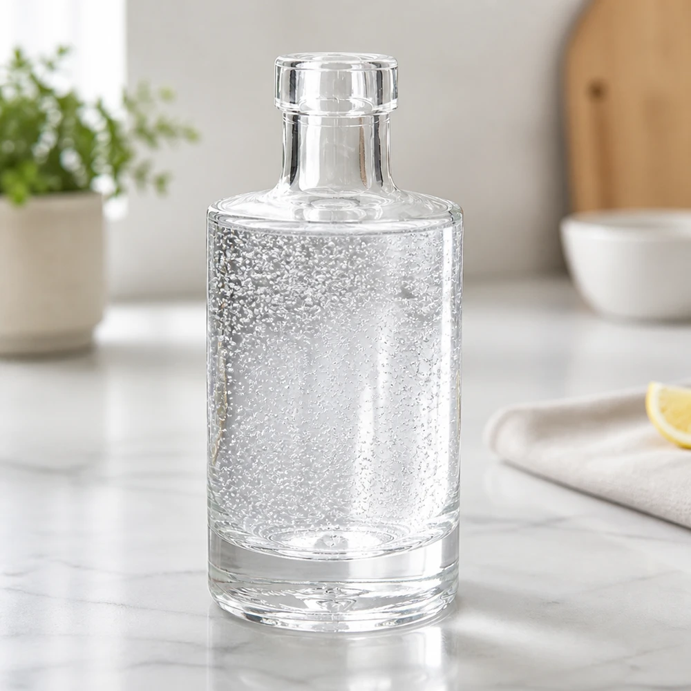 Bouteille Marie en verre 200 ml « » sans bouchon UNiTWIST® Bouteille en verre de 200 ml Marie remplie d'eau gazeuse sur un comptoir en marbre cuisine moderne Bouteille d'eau Lifestyle Scénario