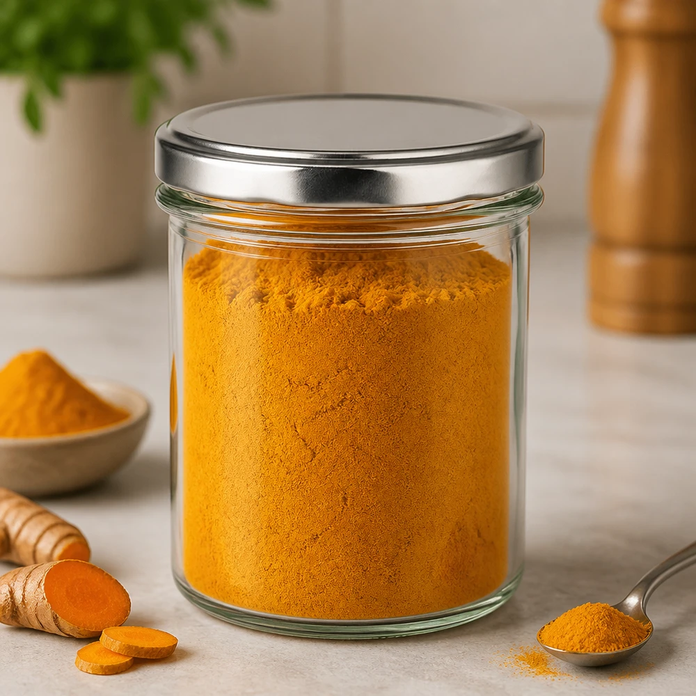 Bocal en verre de 350ml avec couvercle BasicSeal argenté rempli de poudre de curcuma à côté de racines de curcuma fraîches Bocal à épices