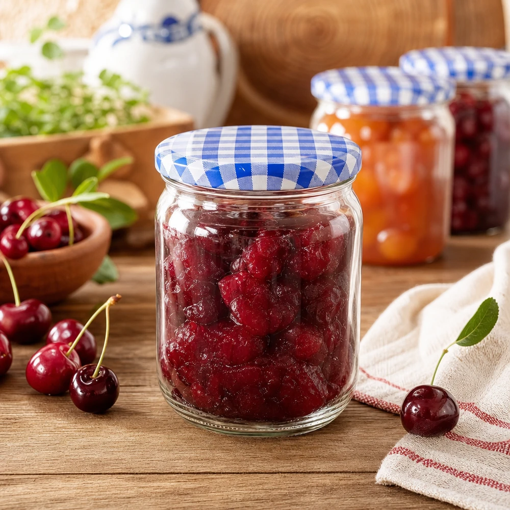 425ml Verre rond avec couvercle BasicSeal bleu/blanc UNiTWIST 425ml pot rond à confiture avec confiture de cerises montre utilisation idéale pour les conserves avec couvercle BasicSeal bleu à carreaux