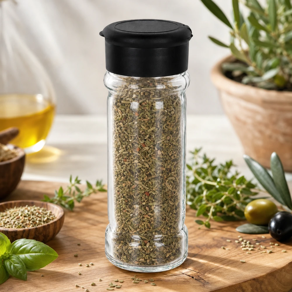 Bocal rempli d'herbes aromatiques de 100 ml, muni d'une saupoudreuse noire, posé sur une planche en bois à côté de brins d'olivier frais