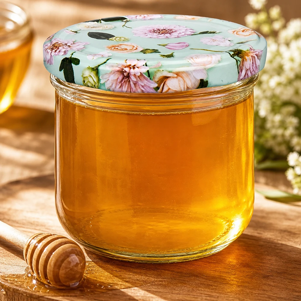 Tumbler de 260 ml + couvercle BasicSeal fleur menthe UNiTWIST Verre renversé de 260 ml avec couvercle à fleurs BasicSeal menthe rempli de miel doré, cuillère à miel en bois à côté