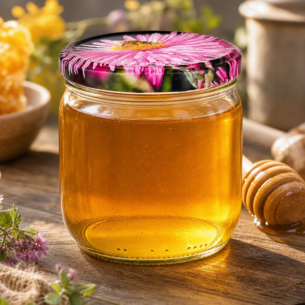 Pot rond de 425 ml avec couvercle fleuri rempli de miel doré, cuillère à miel et fleurs sauvages sur table en bois