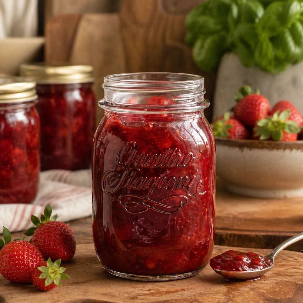 500ml Verre rond "Quattro Stagioni" QS70mm 500ml Quattro Stagioni Pot ménager rempli de confiture de fraises sur table en bois avec fraises fraîches
