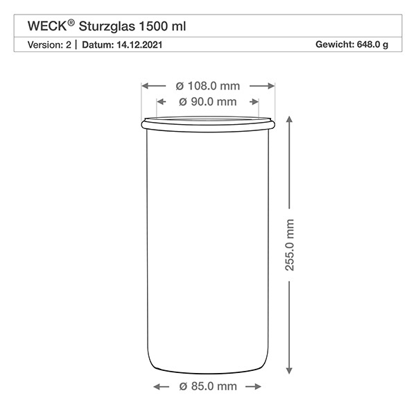 1500ml bocal conique WECK RR100 avec bouchon nature WECK Verre renversé 1500ml RR100 dessin technique dimensions 108mm diamètre 255mm hauteur spécification