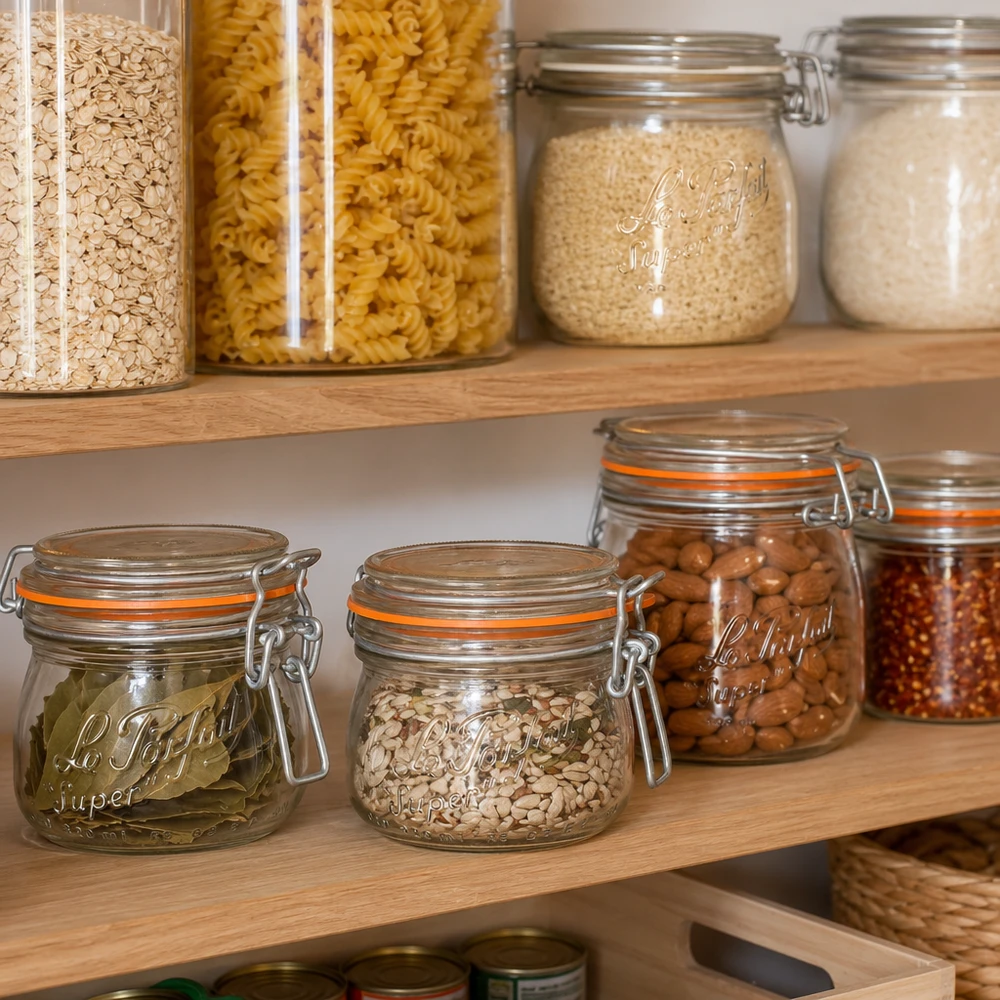 Étagère de cuisine organisée avec des bocaux en verre réutilisables