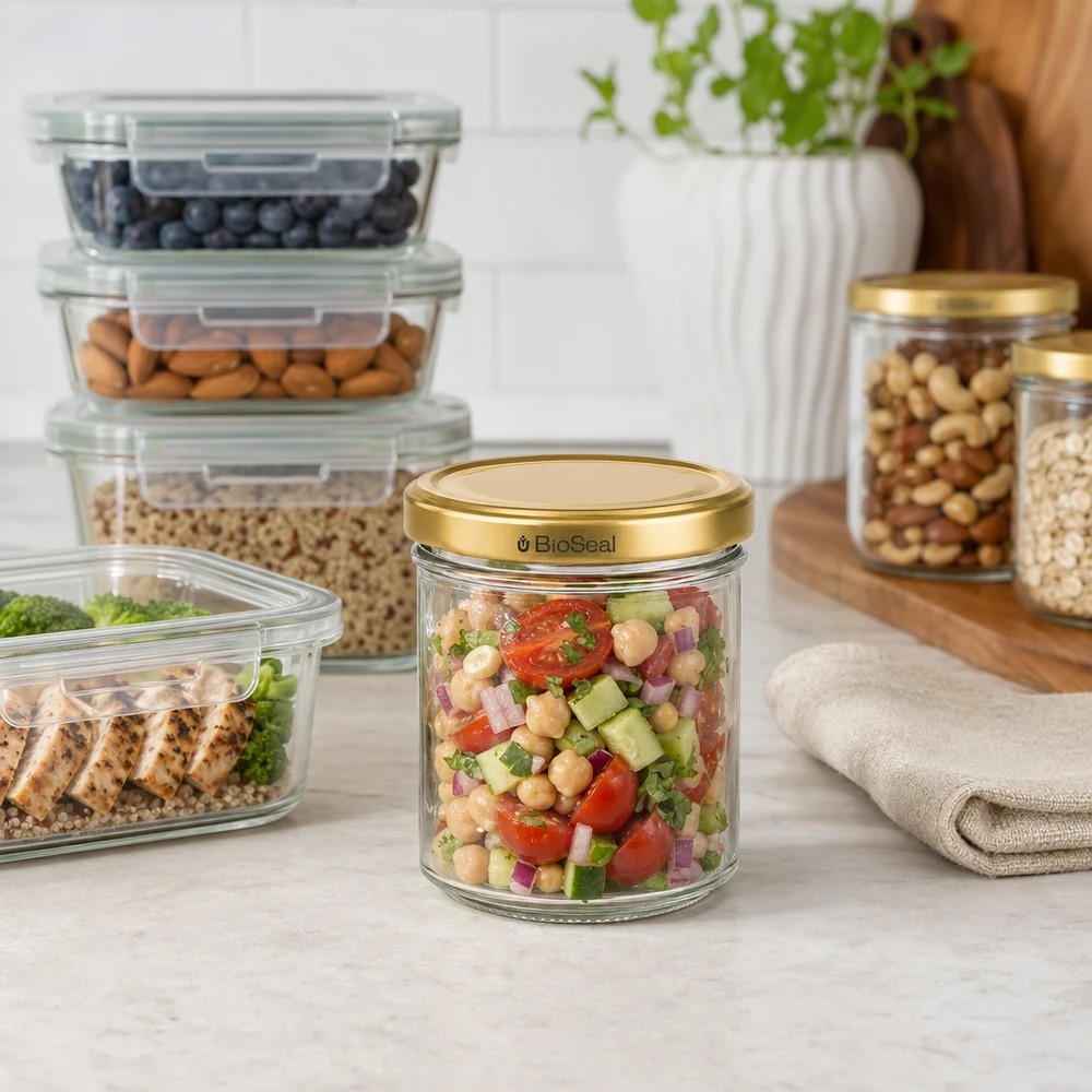 Pot à miel 200 g avec couvercle doré BioSeal UNiTWIST BioSeal pot de 200g avec couvercle doré rempli de salade de pois chiches dans une cuisine organisée avec des récipients de stockage