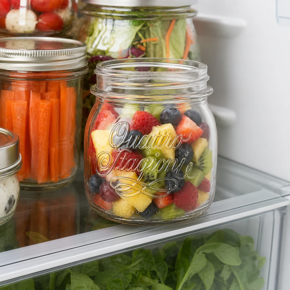 250ml Quattro Stagioni Einmachglas mit buntem Obstsalat im Kühlschrank - perfekt für Meal Prep und Vorratshaltung