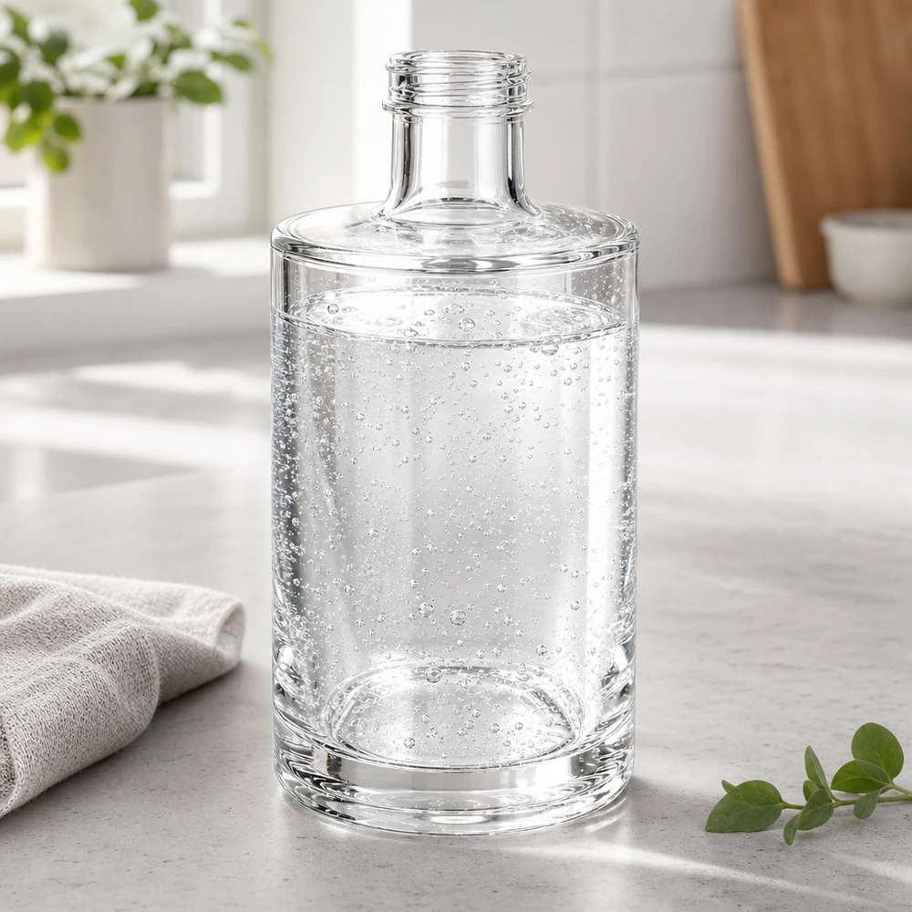 Bouteille en verre 375 ml « Sam » sans bouchon à vis UNiTWIST® Bouteille de verre Sam de 375 ml remplie d'eau gazeuse sur un plan de travail de cuisine clair avec un torchon de cuisine et une plante
