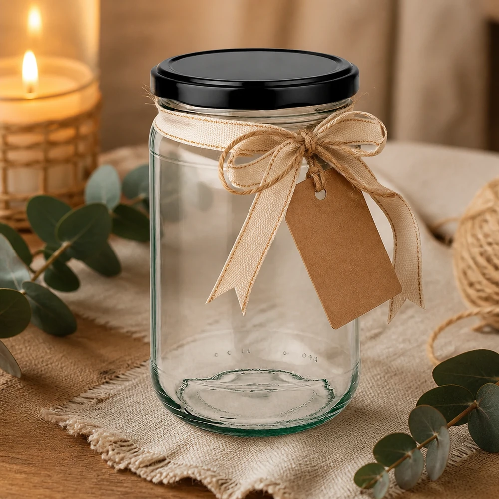 Verre rond 305ml UNiTWIST avec couvercle noir décoratif avec ruban et pendentif dans une atmosphère chaleureuse