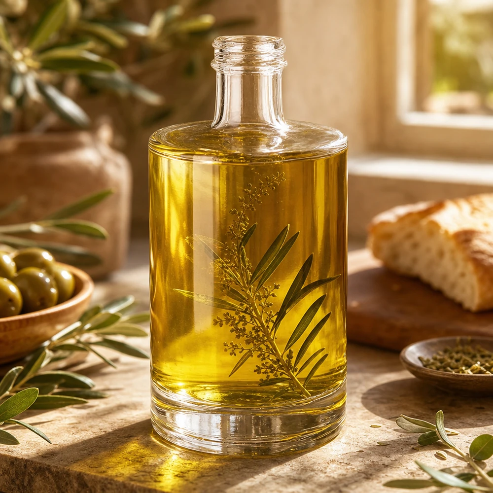 Bouteille en verre 500 ml « Sam » sans bouchon à vis UNiTWIST® Bouteille en verre Sam de 500 ml remplie d'huile d'olive et d'herbes aromatiques Exemple d'utilisation cuisine méditerranéenne Décoration