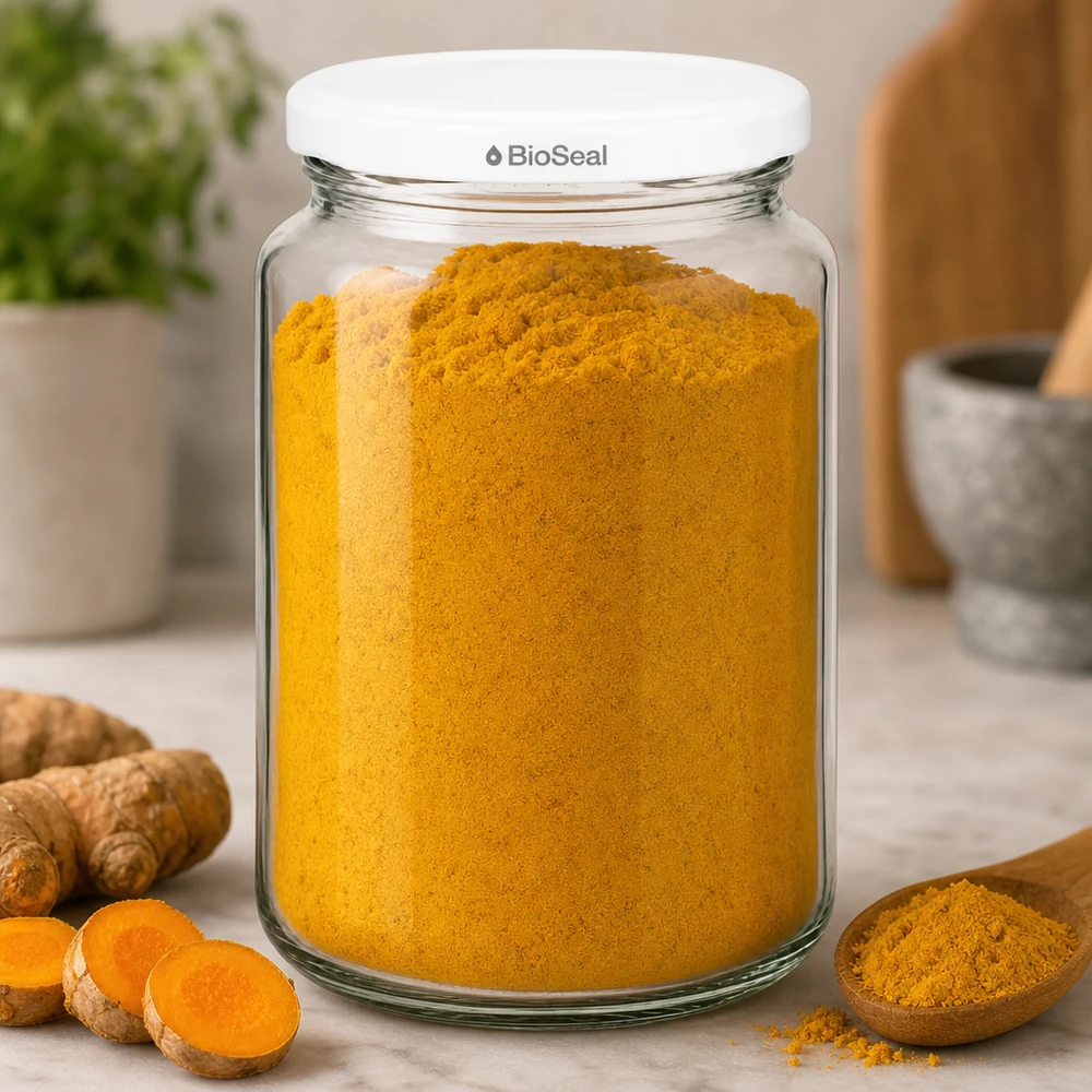 382ml Verre rond avec couvercle BioSeal blanc UNiTWIST UNiTWIST Runda382 rempli de poudre de curcuma - conservation d'épices dans un récipient en verre avec couvercle blanc TO66 BioSeal