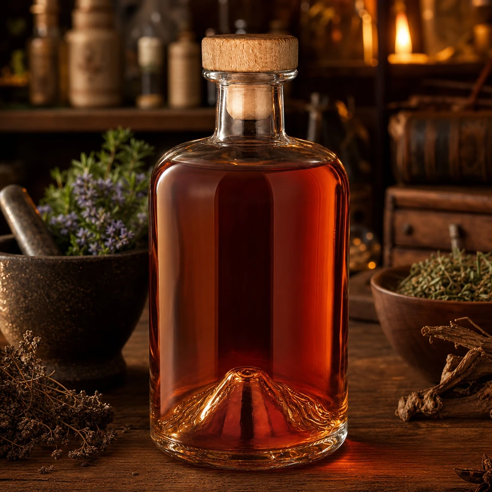 Flacon à pharmacie 500 ml « Sofia » avec bouchon en bois UNiTWIST® Bouteille en verre de 500 ml Sofia UNiTWIST remplie de liquide ambré dans un environnement de cuisine rustique avec des herbes aromatiques