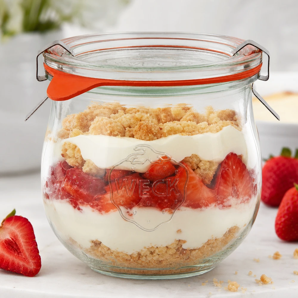 370ml bocal tulipe complet WECK RR80 WECK Verre tulipe 370ml RR80 comme verre à dessert rempli de fraises et de vermicelles à côté de fruits frais