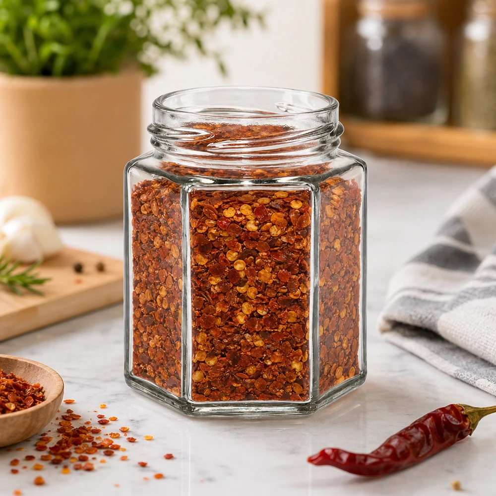 196ml Verre hexagonal sans couvercle (TO58) UNiTWIST UNiTWIST Hexa196 pot à épices hexagonal 196ml rempli de flocons de piment sur plan de travail de cuisine