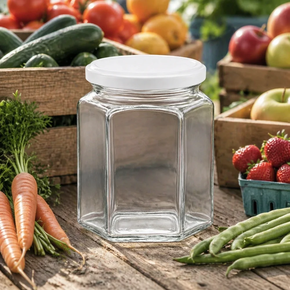 Pot à miel 400 g avec couvercle blanc BasicSeal UNiTWIST Pot de miel hexagonal vide de 400g avec couvercle blanc parmi des légumes et fruits frais sur une table en bois de style campagnard