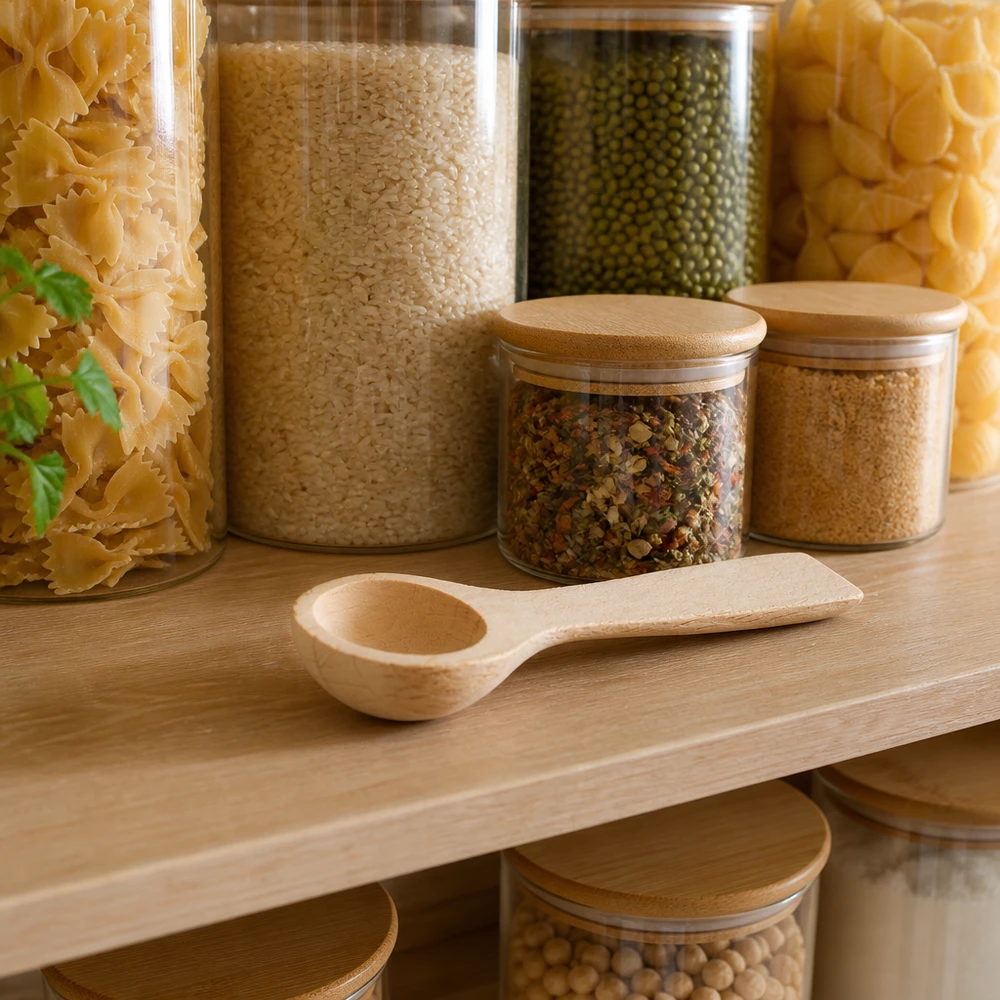 Pelle en bois S dans cuisine de réserve avec pâtes riz lentilles épices rangement organisé ustensile de cuisine durable