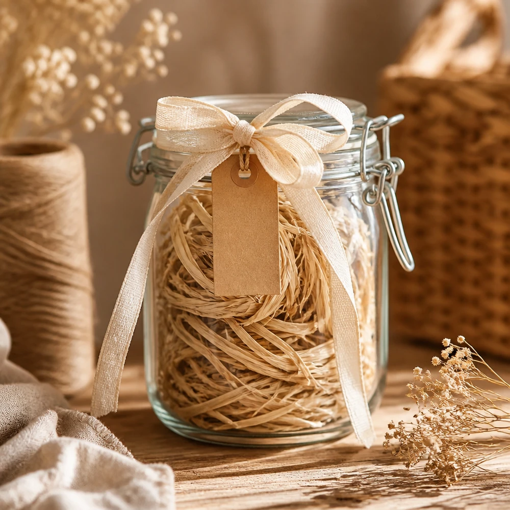 Bocal décoré avec une ficelle naturelle et une étiquette