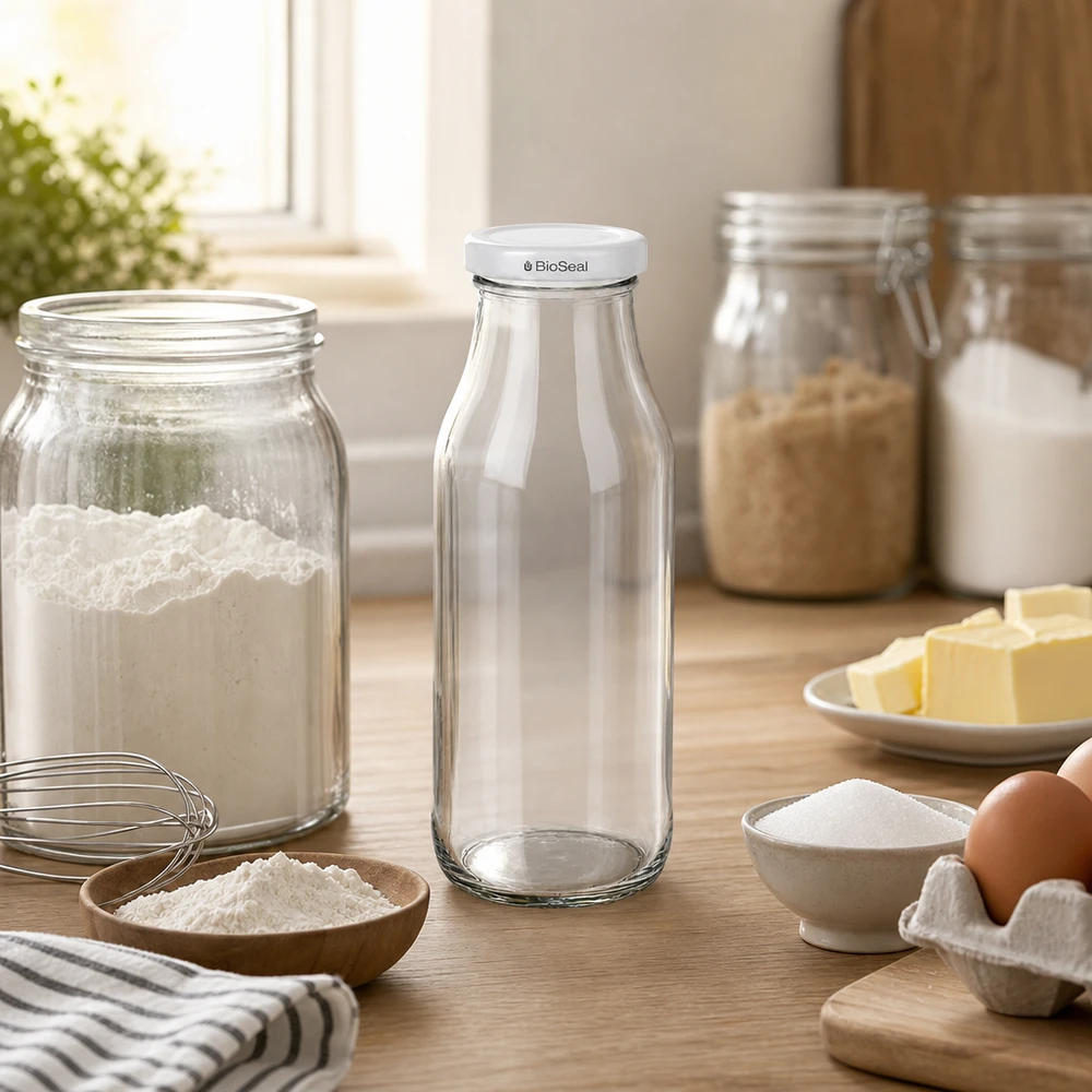 UNiTWIST Bottle263 Bouteille en verre vide avec couvercle BioSeal blanc sur une table en bois entre les ingrédients de cuisson et les ustensiles de cuisine