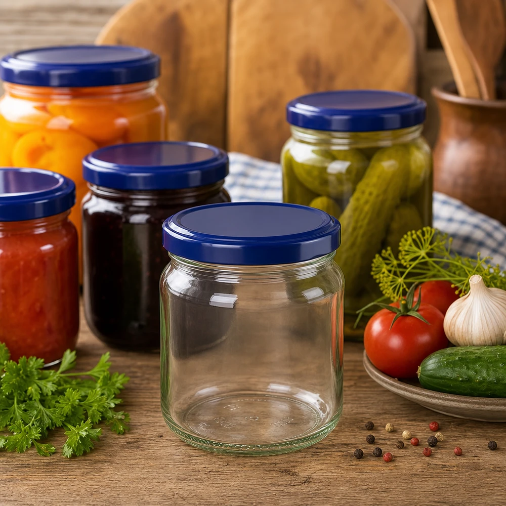 408ml Verre rond avec couvercle BasicSeal bleu UNiTWIST Pot rond 408ml UNiTWIST avec couvercle BasicSeal bleu pour la mise en conserve - Pots de conserves arrangés avec des légumes et des épices
