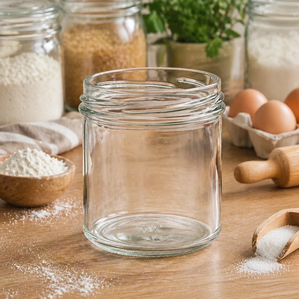 Mise en situation d’un bocal en verre pour la mayonnaise maison ou artisanale