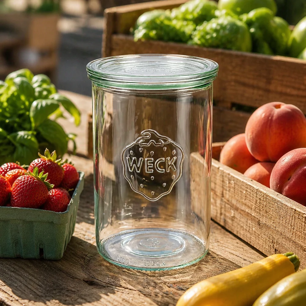 1000ml bocal conique avec bouchon en verre WECK RR100 WECK Pot renversé 1000ml RR100 vide en plein air sur table en bois entouré de fruits et légumes frais dans des caisses en bois