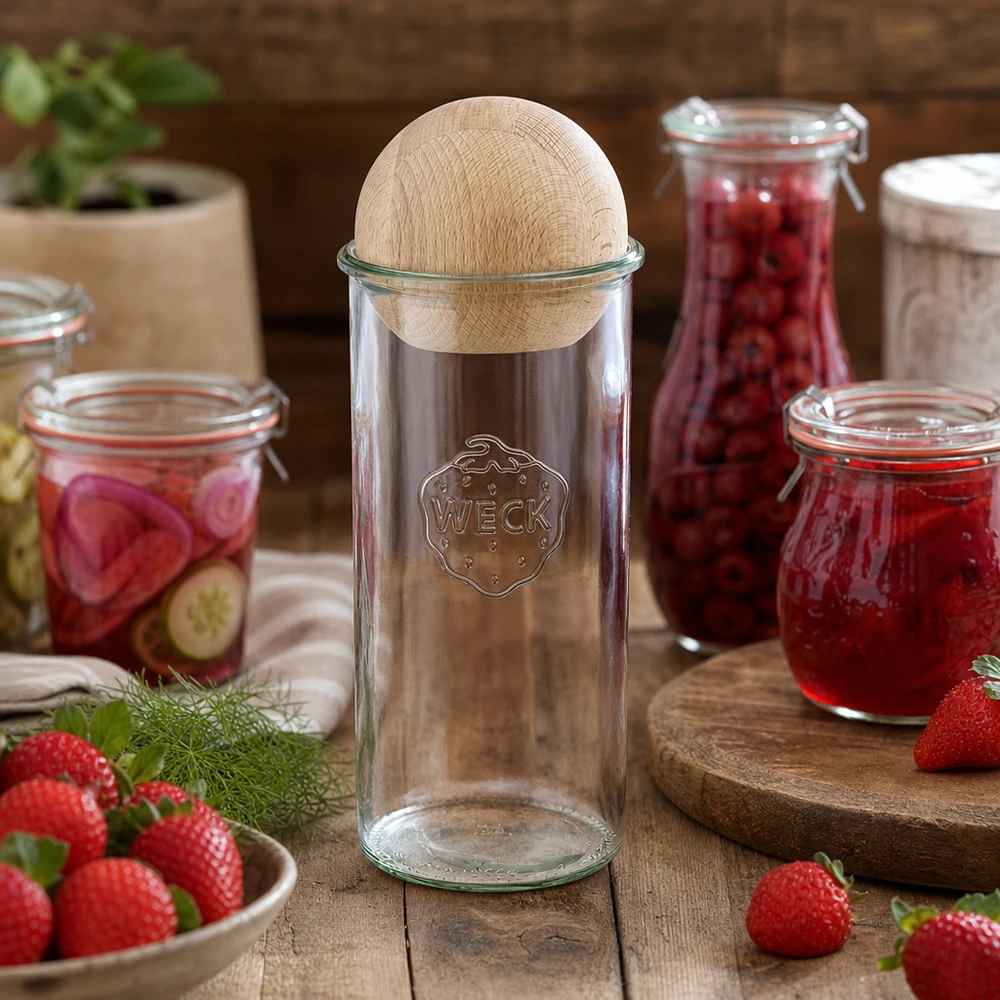 1500ml bocal conique WECK RR100 avec boule en bois en hêtre WECK Pot à couvercle 1500ml RR100 décoré avec des pots de confiture et des fraises fraîches sur une table en bois